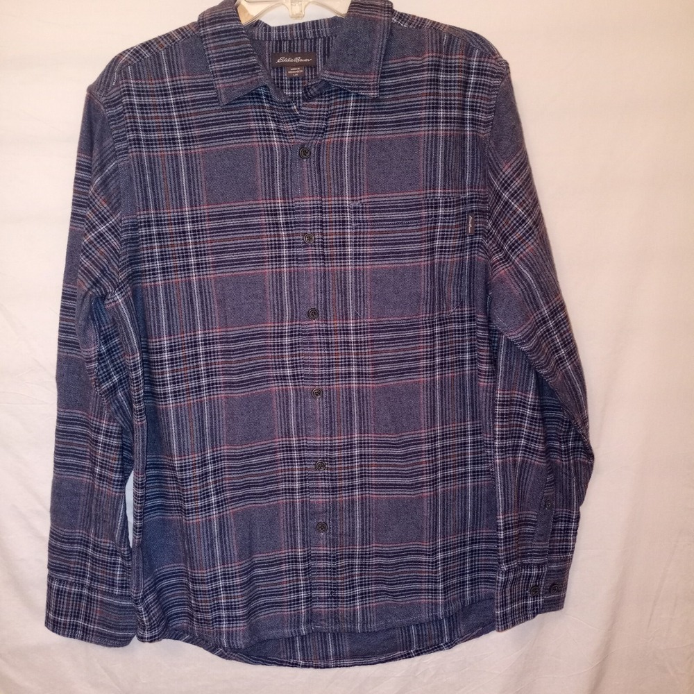 Eddie Bauer Large Flannel Shirt Long Sleeve Button Up Blue Plaid‎ Work Casual B1